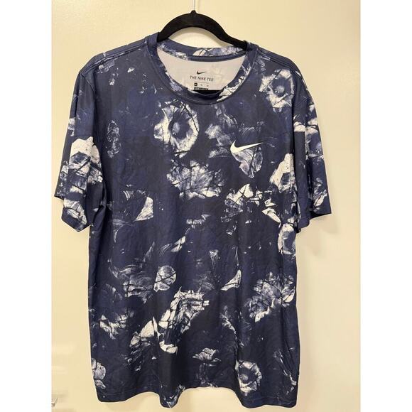 Nike Navy White XL Cracked Floral Print Men's Short Sleeve Training Athletic Tee - Picture 2 of 6